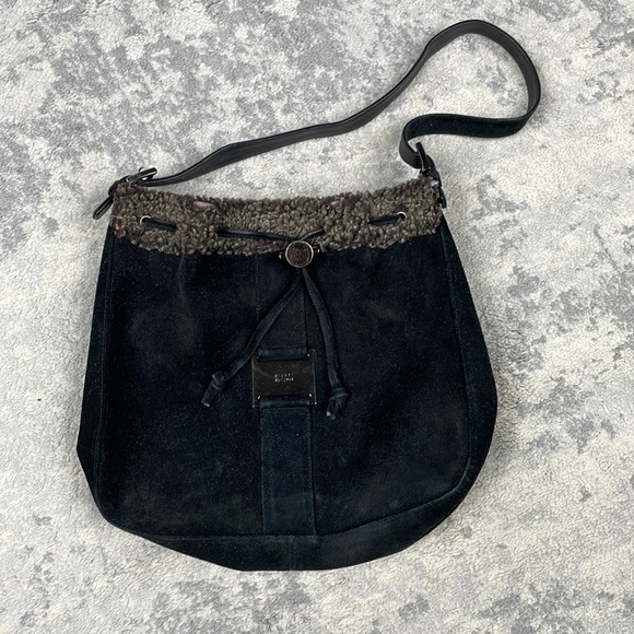 Stuart Weitzman Black Suede Drawstring Hobo Shoulder Bag Shearling Trim - Picture 1 of 10